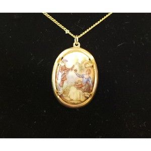 Vintage Unsigned Cabochon Limoges Cameo Portrait Pendant Necklace, Country Scene